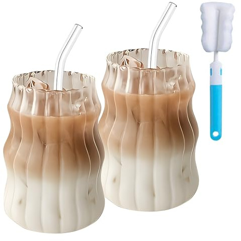2Pcs 530ML Glass Mugs with Straws - Clear Iced Coffee Cup Matcha Ribbed Wavy Glass Cups Matcha Glasses with Straws Brush & Cup Brush for Ice Coffee Juice Drink Milk Tea Cocktail Wedding Birthday Gift