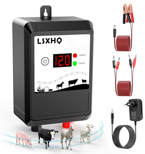 12kV 2J Cerca Eléctrica Controlador, 10km Cerca Eléctrica Pastor,Electrificador Eléctrico con Pantalla LED, Protección para Caballos, Ovejas, Jardín, Pastos y Granja (Negro)