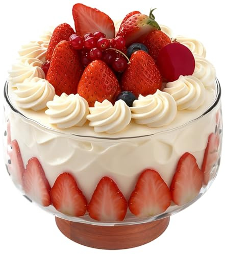 Cuenco triple de 3,5 L, ensaladera de cristal transparente con base de madera, cuenco para servir con gran capacidad, trifle con pie, versátil mezcla y bandeja para servir frutas