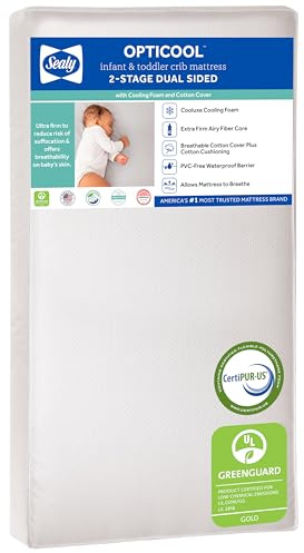 Sealy Baby OptiCool Breathable Crib Mattress, GREENGUARD GOLD Certified, Made in USA, Toddler Bed Fit, 2 Stage Cooling Memory Foam, Non Toxic, Airy Cotton Cover, Safety & Quality Tested, 52x28