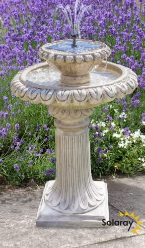 Primrose 79cm Solar Powered Cream Cast Stone 2 Tier Bird Bath with Lights Outdoor Garden Water Feature Hand Finished with 3 Fountain Heads