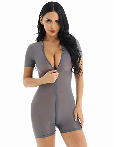 inhzoy Mono con Cremallera para Mujer Manga Corta Body Entrepierna Abierta Slim Fit Transparente Ropa Erótica Jumpsuit Conjunto de Ropa Interior Gris Talla Única