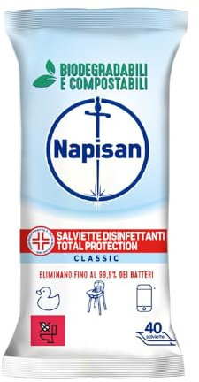 Napisan Salviette Disinfettanti Total Protectio, Confezione da 40 Salviette Disinfettanti Biodegradabili e Compostabili Multisuperfici