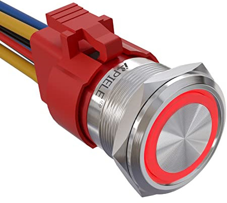 APIELE 22MM Verriegelung Druckschalter 12VDC 10A,Edelstahl mit LED wasserdicht Latch Drucktastenschalter mit vorverdrahtetem Stecker, Auto RV LKW Boot EIN/AUS Taste Schalter(Rot)