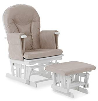 Obaby Reclining Glider Chair with Matching Stool – White & Sand – Comfortable Nursery Feeding and Relaxation Chair