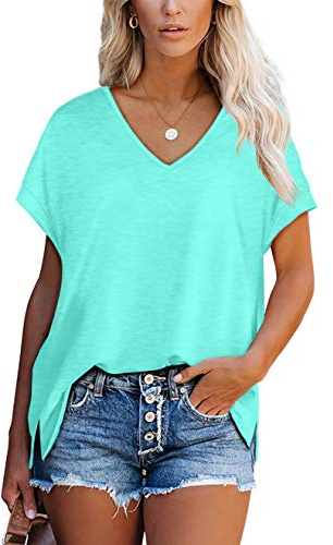 Aokosor T Shirts for Women V Neck Summer Tops Ladies Extended Shoulder Casual Tee Lake Green Size 18-20