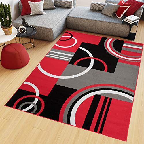 TAPISO Maya Kollektion Teppich Kurzflor Modern Vierecke Kreise Streifen Figuren Design Schwarz Grau Rot Weiß Wohnzimmer Schlafzimmer Büro ÖKOTEX 200 x 200 cm