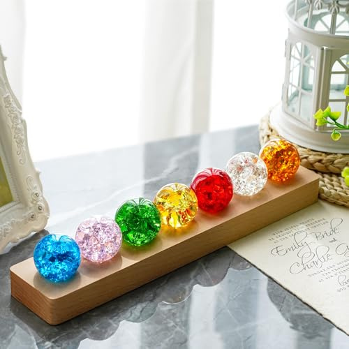 KRISININE 7 Colors 40mm Ice Cracked Balls Crystal Chakra Balls with LED Wooden Base Glass Healing Sphere Balls with Stand Night Light Decoration Quartz for Christmas Decorations