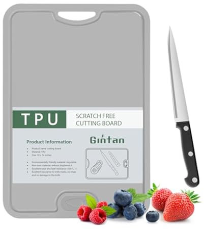 Gintan Planche à découper flexible en TPU, sans BPA, avec couteau et rainure pour jus, résistante aux rayures, passe au lave-vaisselle, poignée facile à saisir, antidérapante (gris)