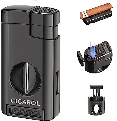 CIGAROL Feuerzeug, 3 in 1 Sturmfeuerzeug mit Zigarrenschneider V, 3 Jet Flamme Zigarrenfeuerzeug mit Geschenkbox, Tolle Geschenke für Männer (Kein Gas)