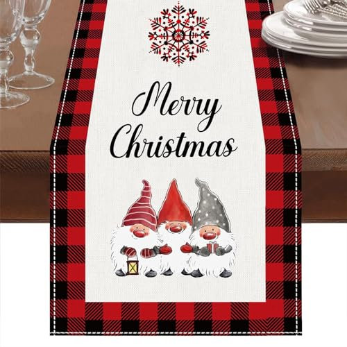 Tischläufer Weihnachten rot,tischläufer modern Baumwolle Polyester Rotkarierter Gnom Elchen Weihnachten tischläufer,186 x 33 cm tischdecke Weihnachten für tischdeko Weihnachten
