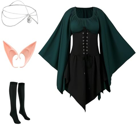 NFAOEGJ Abito da donna medievale - Tradizionale costume gotico irlandese per Halloween, cosplay rinascimentale con orecchie da elfo, accessori per capelli, calze overknee (Verde, L)