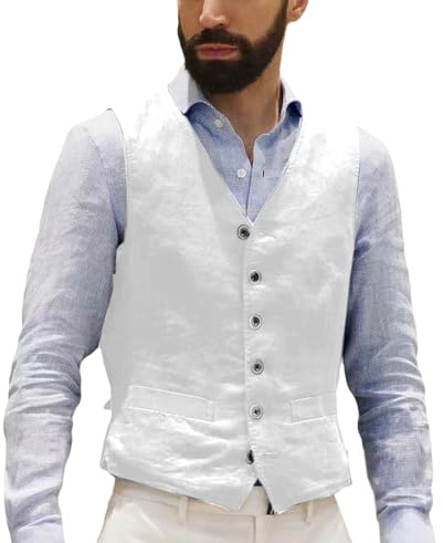 AeoTeokey Gilet in lino da uomo, estivo, vintage, retrò, business, feste, vestibilità regolare, bianco, S