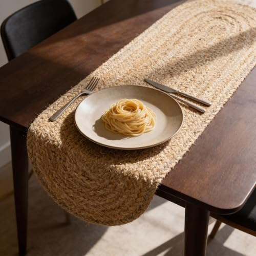 CRAFT TRADE Camino de mesa trenzado de yute para bodas, fiestas, casa de campo, rústico, vintage, tejido hecho a mano, sisal, natural, 33 x 91 cm, ovalado
