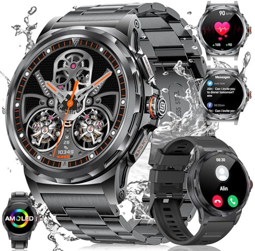 LIGE Smartwatch Herren 1.43 AMOLED, Militär Smart Watch mit Telefonfunktion,400mAh,IP68 Wasserdicht,129 Sportmodi Sportuhr Schrittzähler SpO2 Schlafmonitor Fitnessuhr für iOS Android, 3 Gurte