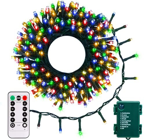 echosari String Lights Battery Powered, 10M 100 LED Green Wire String Fairy Lights with Remote Timer 8 Modes Colour Christmas Lights for Wedding Tree Wreath Party Garden Decoration(Multicolor)