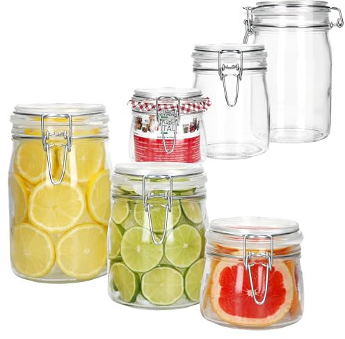 MamboCat Norma Lot de 6 bocaux de conservation hermétiques ronds I 2 x 0,5 l, 0,75 l et 1 l I Bocaux en verre avec fermeture à étrier métallique pour la conservation, la fermentation et le stockage