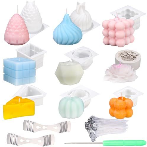LEAZZLE 11Pcs Kerzenform Bubble Kerzen Kit,3D DIY Silikonform Kerzen Gießen Formen,Silikon Form Kerze mit 100 Kerzendocht,2 Dochthalter,Rose Kerzenformen Gießen Heimdekorationen,DIY Duftkerze,Seife