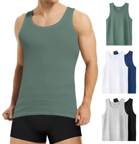Mowenti Colorate Canottiera (Pacco da 5) Uomo 100% Cotone Costine Canotta Intima Palestra Elasticizzato Fitness Canottiera Nero Bianco Grigio Marino Oliva L