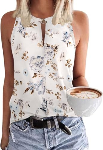 SENBATU Canotta Canotta Senza Maniche da Donna Camicette Casual estive con Scollo a V Floreale Bianco XX-Large 2XL 50-52