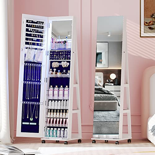 Yoofun LED 360 Swivel Jewelry Armoire with Full Length Mirror, 3 Color Dimmable Light, 4 Rollers, Rear Storage Shelves, Dressing Room