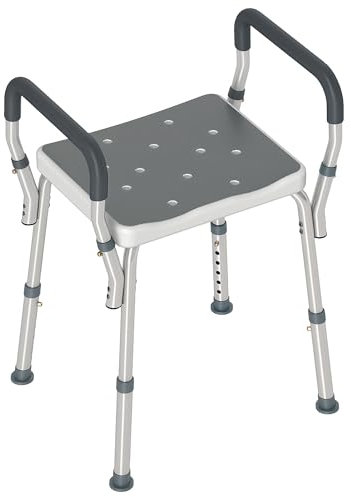 HOMCOM Tabouret de Douche Chaise de Douche pour Personnes âgées et handicapées avec accoudoirs, Hauteur réglable, Patins antidérapants, Chaise de Bain en Aluminium antirouille, Gris