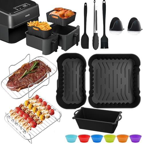 Ugnsform för Airfryer med silikonhandtag, luftfryer-tillbehör för Philips 3000/5000-serien, 26-delad silikonform, varmluftsfritös, grillgaller, brödbakform, BPA-fri och diskmaskinsäker (3 L/6 l)