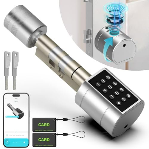 Anweller Serrure de porte électronique avec empreinte digitale - Code Smart Lock - Cylindre de serrure 70 mm avec 2 clés, 2 cartes IC, pour portes de 35 à 70 mm