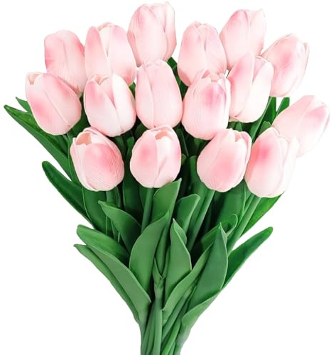 Wekuw 15 Piezas Tulipanes Flores Artificiales Decoracion Ramo de Flores Naturales a Domicilio Artificiales Realistas Tulipanes Real Touch para la decoración de la Boda del Partido (Polvo Blanco)