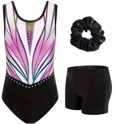 JiAmy Turnanzug Mädchen Ärmellos, Kinder Glitzer Gymnastik Turnanzug Leotard mit Shorts und Haarband, Gymnastikanzug Turnbody Ballett Tanzender Ballettanzug für 6-7 Jahre