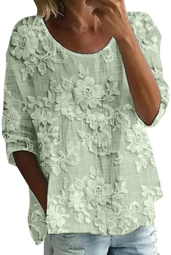 Uwdiohq T-Shirt imprimé pour Femme Manches -Longues, col Rond, 3/4, Ample, Grande Taille T Shirt Chemisier Blanc Chemise Gaze De Coton Femme Chemisier Blanc Chic Et Élégant Tee Manches Tunique