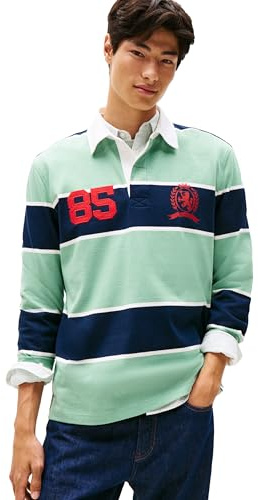 Tommy Jeans Men's Relaxed Stripe Sweatshirt Polo, Cloudy Jade Stripe Large