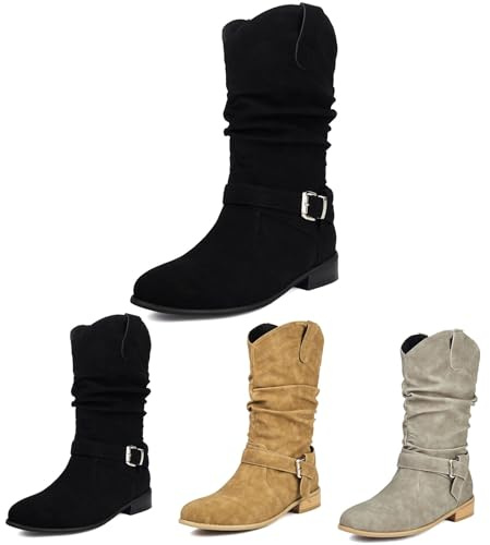 MEECHI Botines con Tacón Bajo Botas Vaqueras De Ante For Mujer Botines Clásicos con Hebilla Zapatos Retro Sin Cordones For Primavera/otoño/Invierno(Black,43 EU)