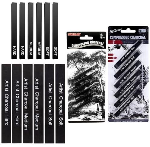 BRYXXA 12Pcs Square Compressed Charcoal Pencils - Soft/Medium/Hard (0.6cm + 1cm), Graphite Material Sticks Square Compressed Charcoal Sticks Drawing Pencils Set for Artists Students and Hobbyists