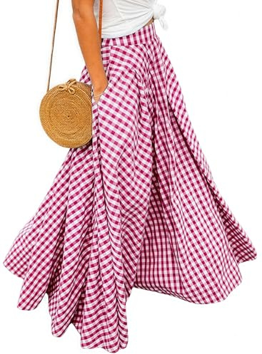 Ranphee Jupe Longue Femme Carreaux Haute Taille Maxi de Plage A-Line Skirt avec Poches Latérales