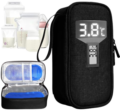 Jonuin Breastmilk Cooler Bag, Breast Milk Cooler Travel Case with Temperature Display & 2 Reusable Ice Packs, Breastmilk Storage Bag for Daycare, Work & Breastfeeding Mums (Black)