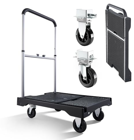 VEVOR Carro Plataforma Plegable 495 x 680 mm, Carretilla de Transporte Carga de 149,7 kg, Carrito Portaequipajes con Plataforma con Ruedas Giratorias, Asa Ajustable para Tareas Domésticas, Almacén