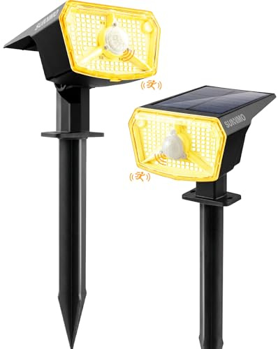 SUNNMO Faretti Solari a LED da Esterno con Sensore di Movimento, Lampade Luci Solari da Giardino Potenti 104LED 3Modalità, Faretto LED da Esterno Solare Giardino IP65 Impermeabile Luce Calda, 2 Pezzi