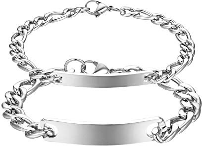 JewelryWe Smycken, pararmband med gravyr, rostfritt stål, polerad, figarokedja, partnerarmband, vänskapsarmband, par, armring, armband för män och kvinnor, silver/guld/svart roséguld, non