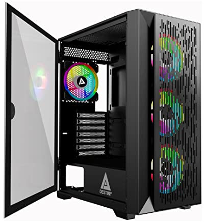 Apevia Destiny-Flow-BK Destiny Flow Boîtier PC de jeu avec 4 ventilateurs ARGB de 120 mm, 366 modes d'éclairage RVB, 1 panneau avant en métal flux, 1 panneau latéral magnétique en verre pivotant de