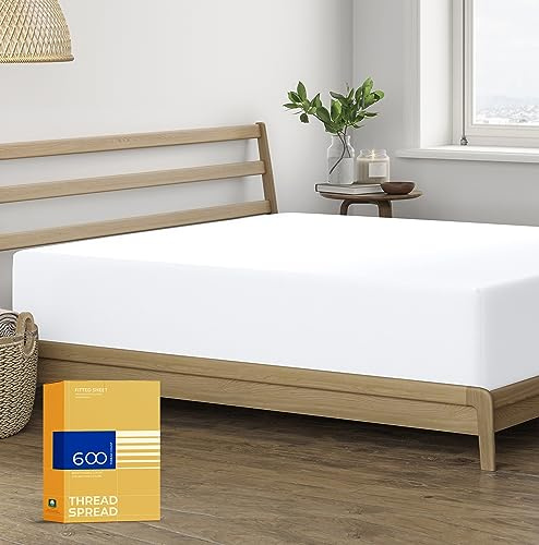 THREAD SPREAD King Size Fitted Sheet Only - 100% Egyptian Cotton 600 Thread Count Deep Pocket White King Fitted Sheet, Cotton Fitted Sheet King Size, Soft Cooling Bottom Sheet, Fits Mattress Upto 18