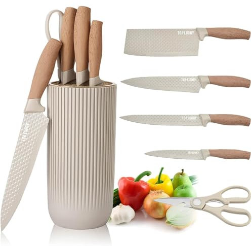 Set di Coltelli da Cucina, 6 Pezzi Khaki Sharp Knife Block Set per Cucina, Antiaderente Antiscivolo in Acciaio Inossidabile Chef Set con Blocco Universale Coltello Adatto per la Casa Ristorante Picnic