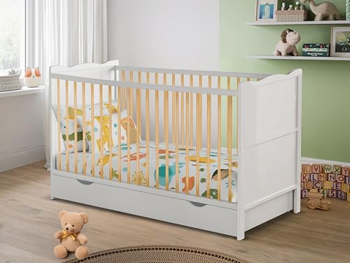 White Solid Wood Convertible Newborn Baby Cot Bed With Underneath Drawer Storage Included Wooden Nursery Furniture Converts Into A Junior Toddle Bed 120 x 60 cm or 140 x 70 cm … (120 x 60cm)