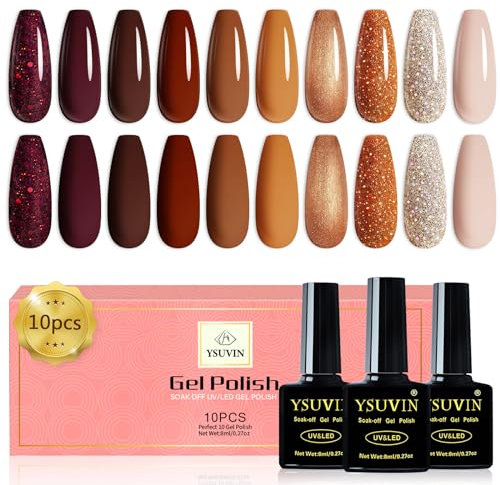 Yueshop Autumn Gel Nail Polish,10 Colors Burnt Orange Beige Caramel Brown Dark Red Glitter Winter Gel Polish Set Soak-Off UV Gel Nail Varnish for Halloween Art Manicure Salon,8ml