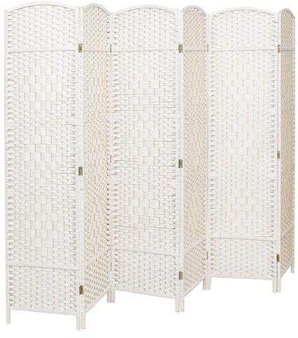 INMOZATA Hand-woven Wicker Room Divider, 6 Panel Folding Screens and Room Dividers Free Standing, White Room Partition Privacy Screen Room Divider for Bedroom Living Room Office