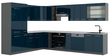 Vicco Eckküche Fame-Line, Dunkelblau Hochglanz/Anthrazit, 347 x 60 cm, AP Marmor, für Flexible Küchenplanung und modulare Erweiterung