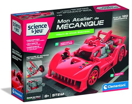 Clementoni | Voiture de Circuit Endurance à Construire pour Enfant 7 Ans + | Mon Atelier de Mécanique | Jouet STEM | Plus de 120 Pièces | Direction à Crémaillère, Pistons Mobiles | Kit Mécanique