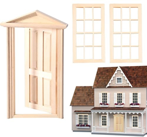 Casa de muñecas en miniatura 1:12 Puerta de madera + 2 ventanas para manualidades DIY decoración de interiores regalo creativo para jóvenes y adultos