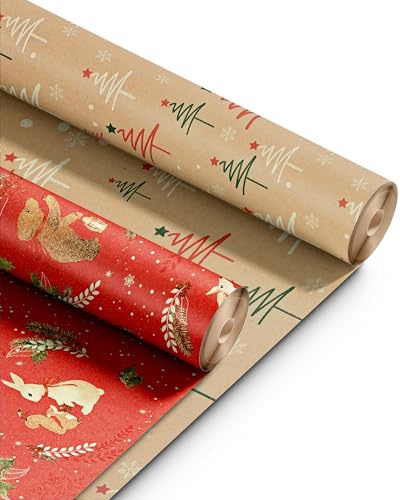 Kraft & Co Christmas Wrapping Paper Rolls – 2 Pack Thick Paper Sheets 44.5cm x 25m – Kraft Xmas Gift Wrap – Festive Eco Friendly Wrapping Papers for Christmas Gifts–Arts and Crafts–50m Total