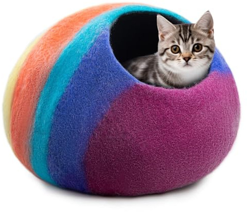 Woolygon Premium Felt Cat Cave Bed – Wool Kitty Beds Handcrafted Kitten Caves Bed for Indoor Cats - Made from Merino Wool, Foldable Cat Hideaway Covered Cat House Pod (Rainbow Twist)